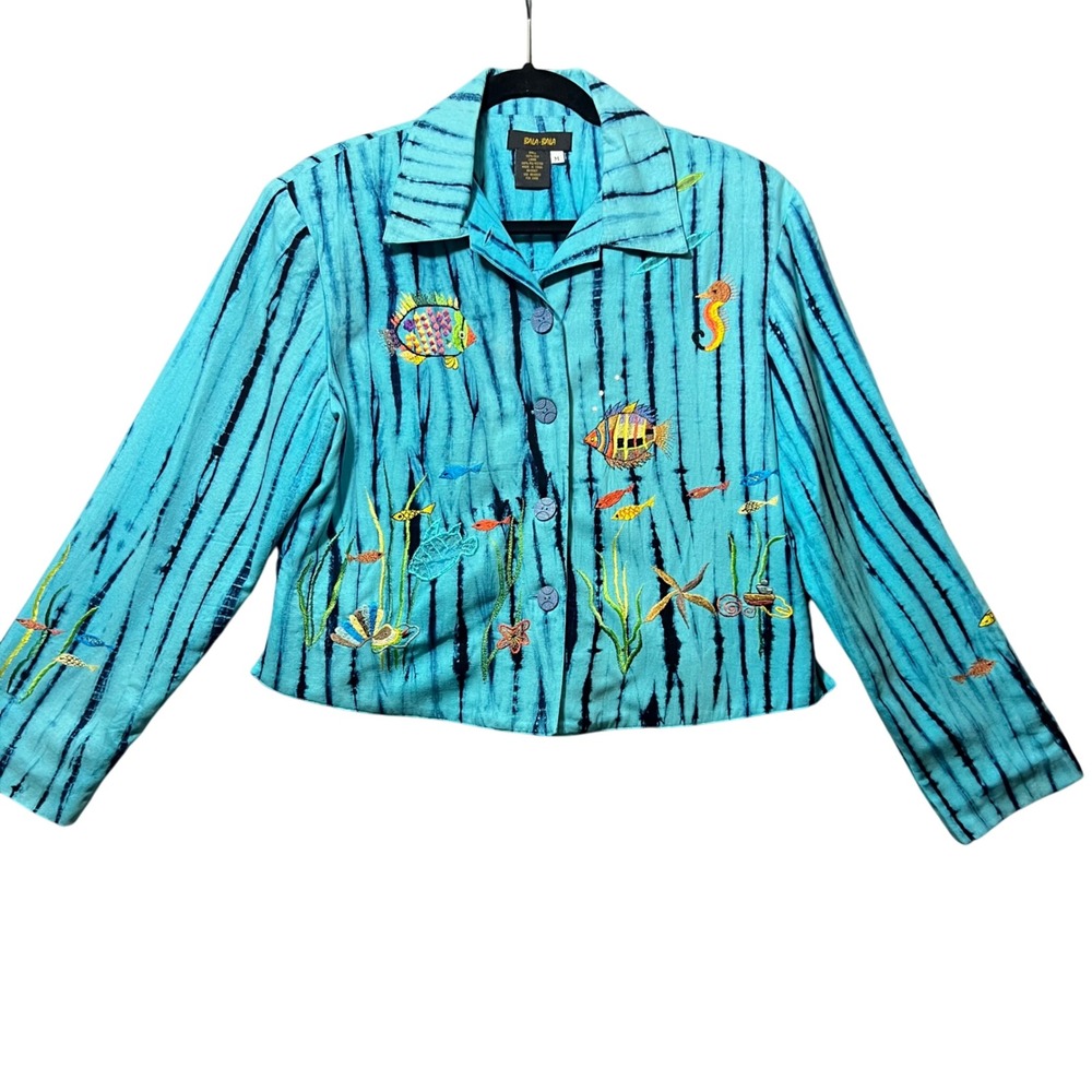 Bala Bala Embroidered Fish Sea Life Silk Jacket M Silk Vintage Ocean Art to Wear